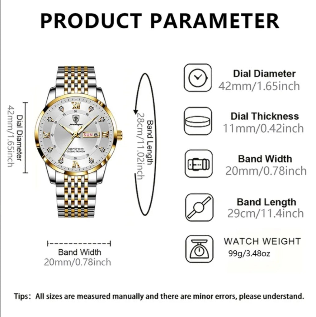 Product parameter chart for a watch with detailed measurements.