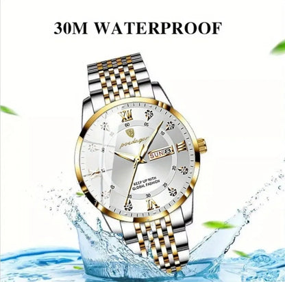 Luxury watch with gold and silver band, water droplets, and '30M Waterproof' text on a white background.