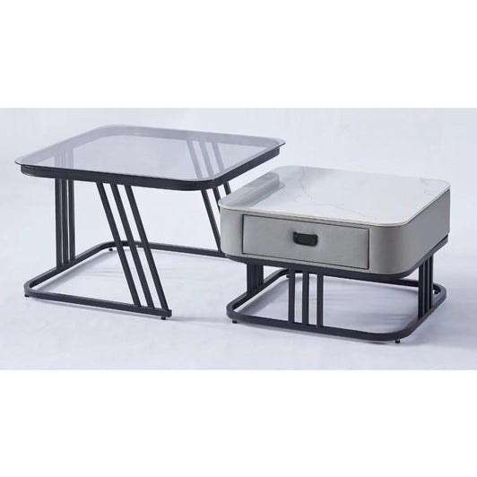 Elegant Nesting Square Glass Top & Marble Top Drawer Table