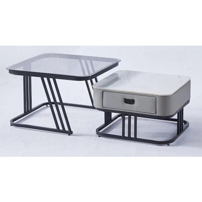 Elegant Nesting Square Glass Top & Marble Top Drawer Table
