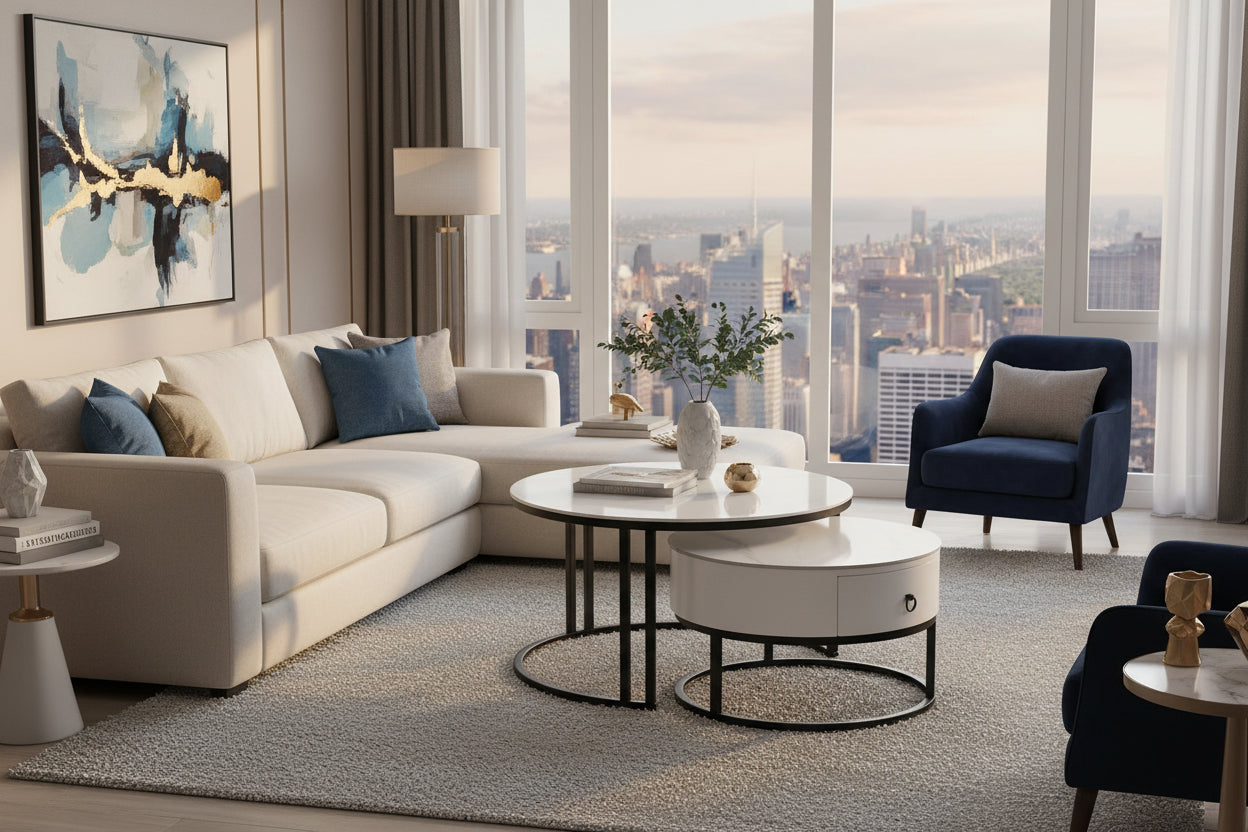 Set of two round coffee tables with marble-like tops and black metal frames on a white background