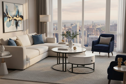 Set of two round coffee tables with marble-like tops and black metal frames on a white background