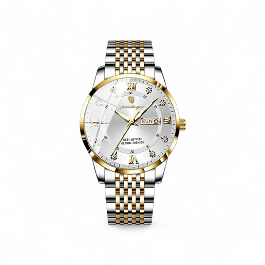 Two-tone watch with silver and gold band on a white background