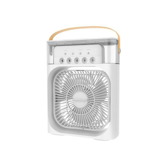 Portable fan with a white body and gold handle on a white background
