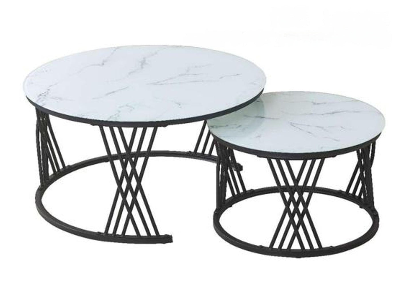 Two marble top coffee tables with black metal bases on a white background