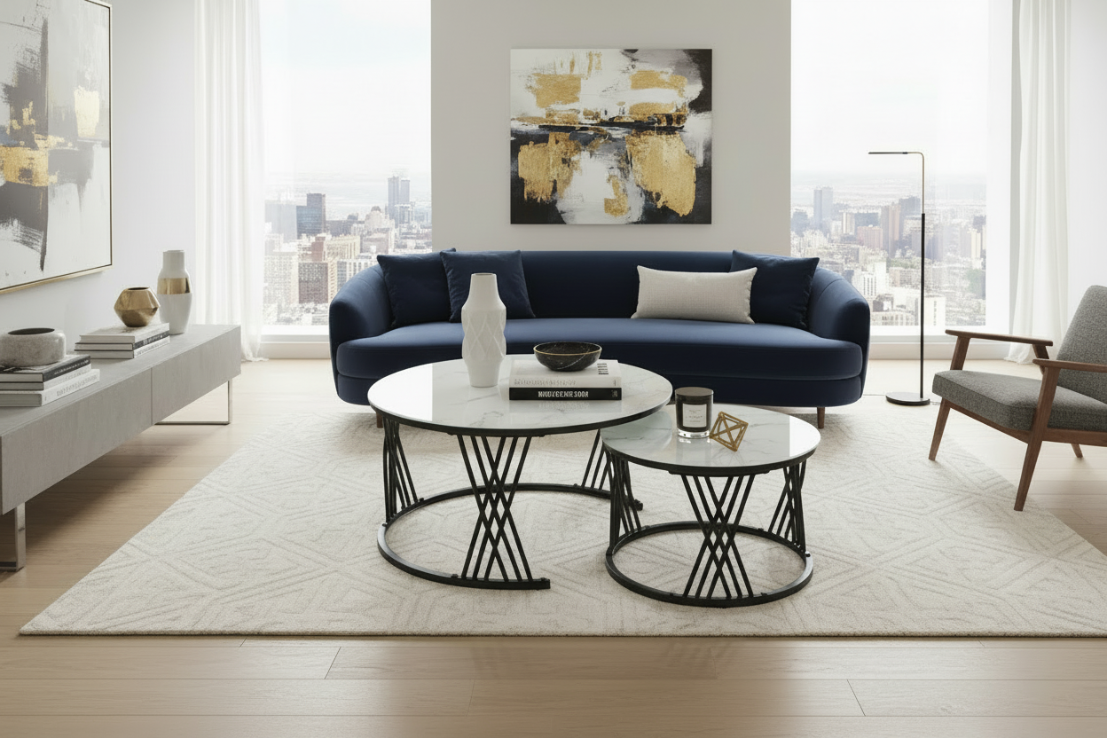 Modern living room with a navy blue sofa, marble coffee table, and cityscape view.