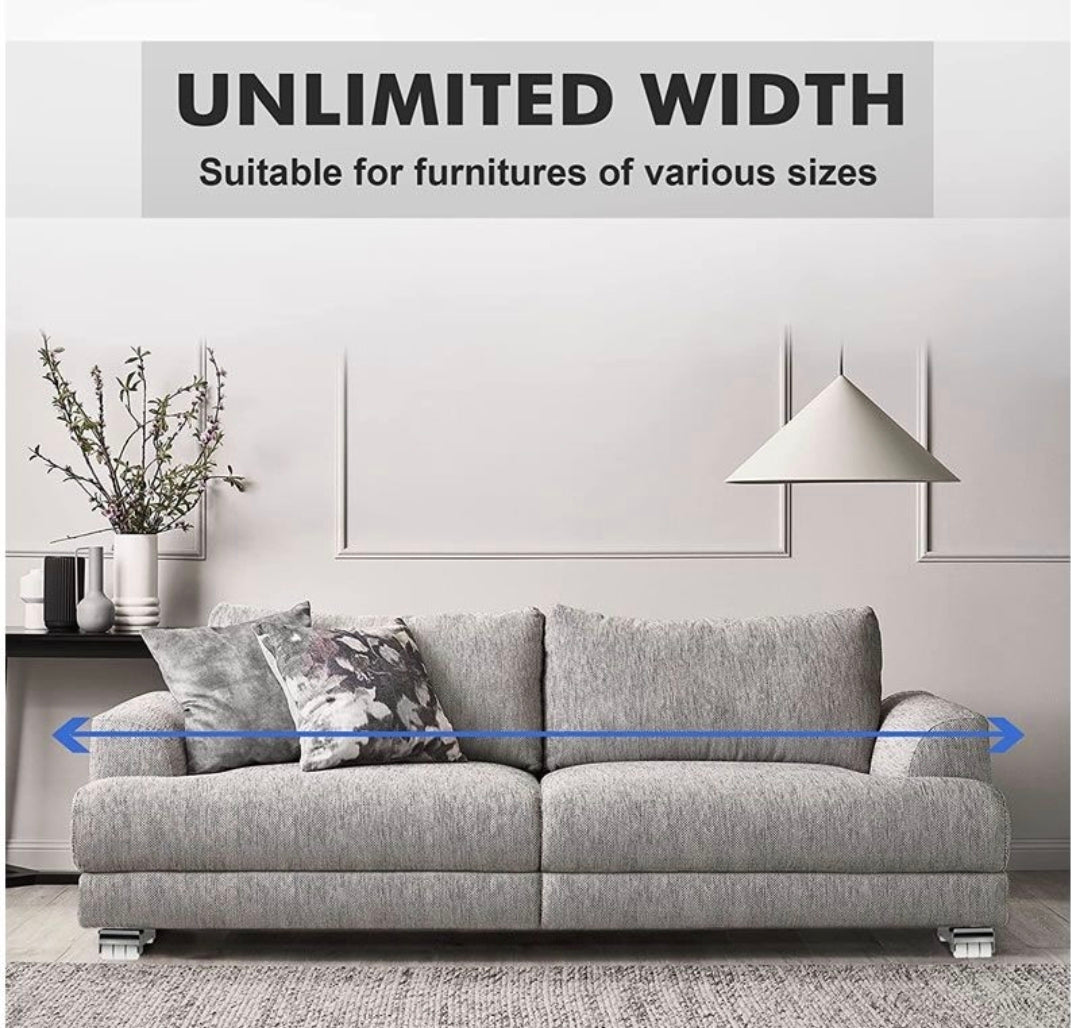 Gray sofa in a room with a decorative lamp and plant, featuring text about furniture width compatibility.