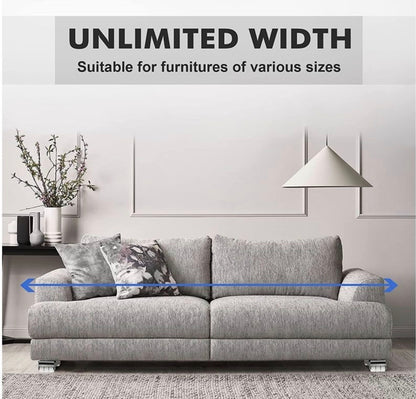 Gray sofa in a room with a decorative lamp and plant, featuring text about furniture width compatibility.