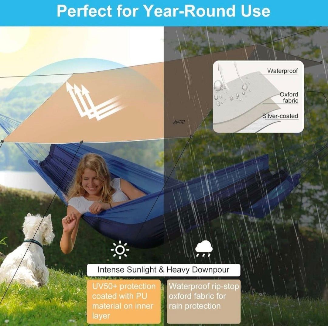 Person using a blue hammock with a white dog, surrounded by text highlighting features like waterproof fabric and UV protection.
