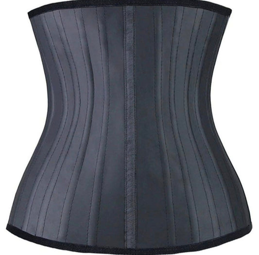 Gray waist trainer with black trim on a white background