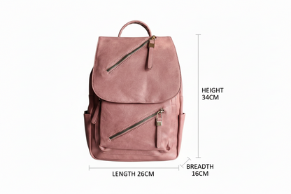 Pink backpack with measurements on a white background