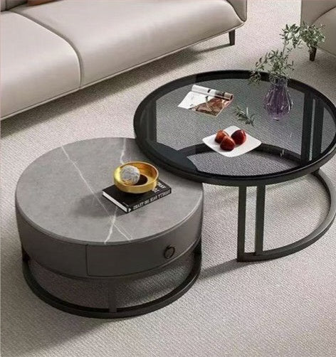 Modern Marble-Look Round Nesting Coffee Table Set with Storage Drawer
