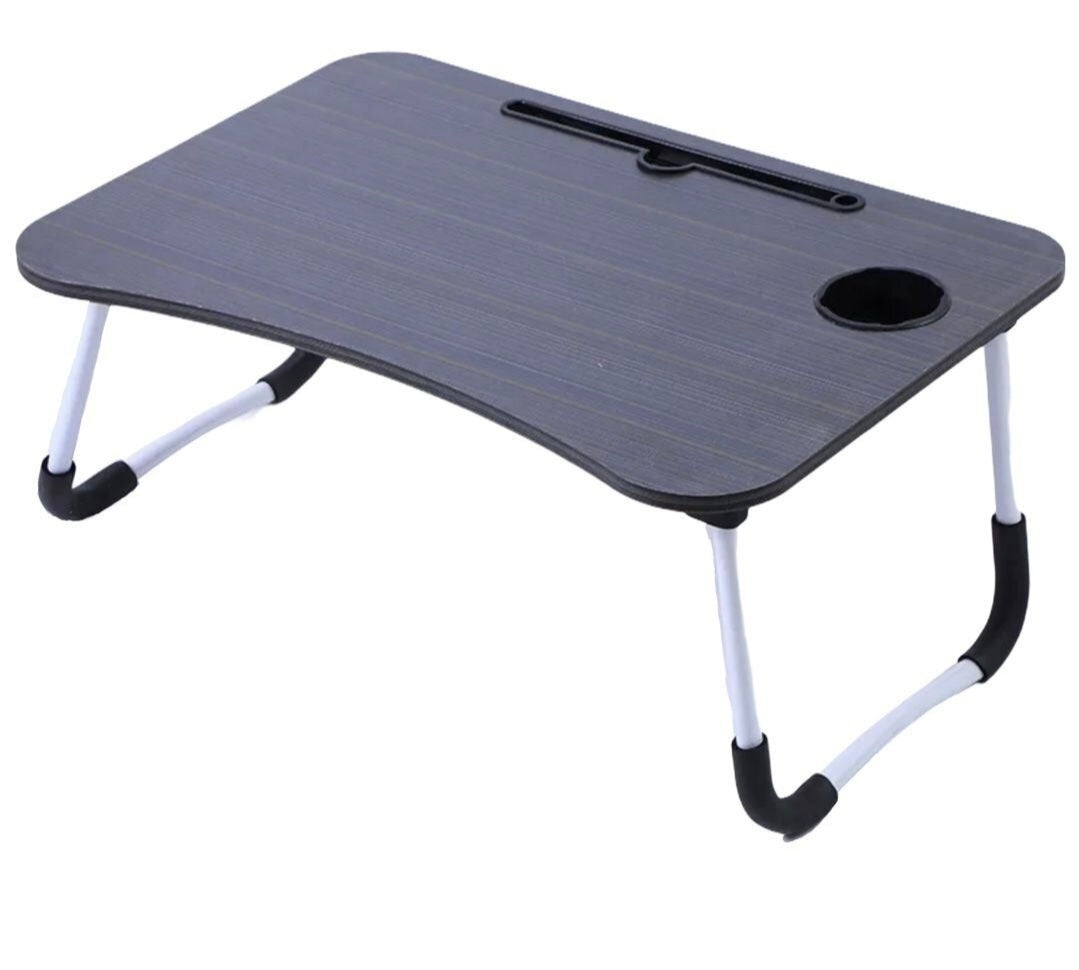 Portable folding table with cup holders on a white background