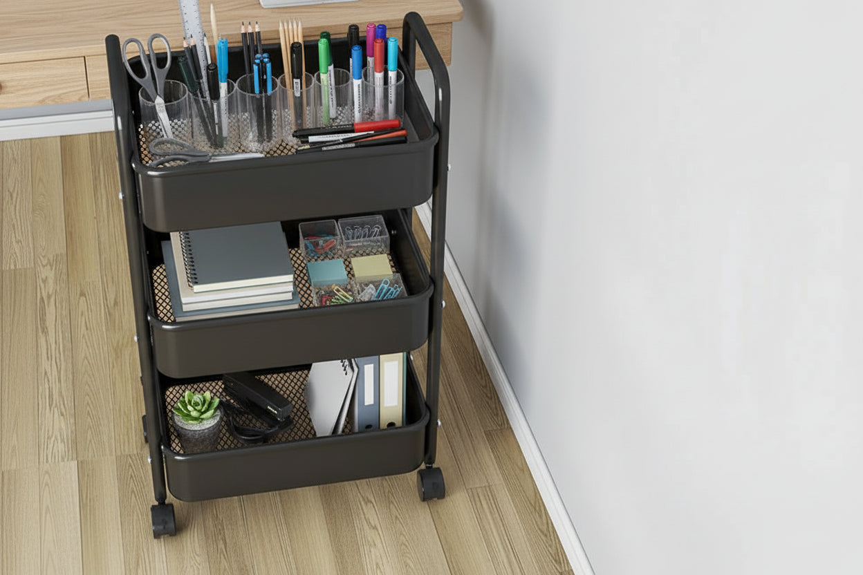 Black rolling cart with office supplies on a wooden floor.