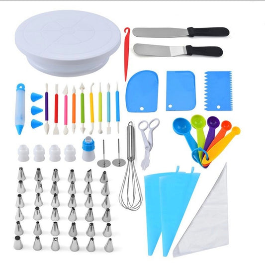 Collection of baking tools including a turntable, spatulas, and various decorating tips on a white background.