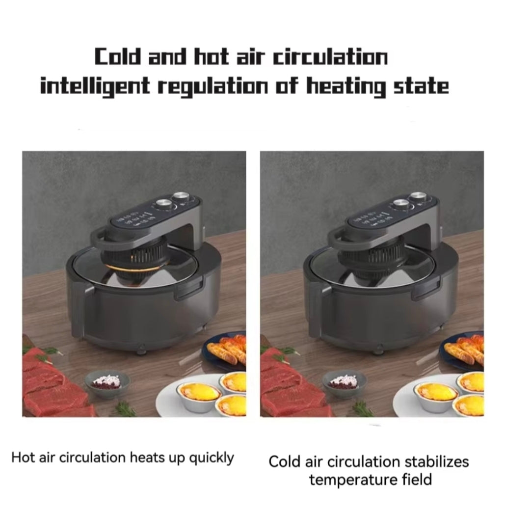 Two views of a kitchen appliance with text explaining cold and hot air circulation.