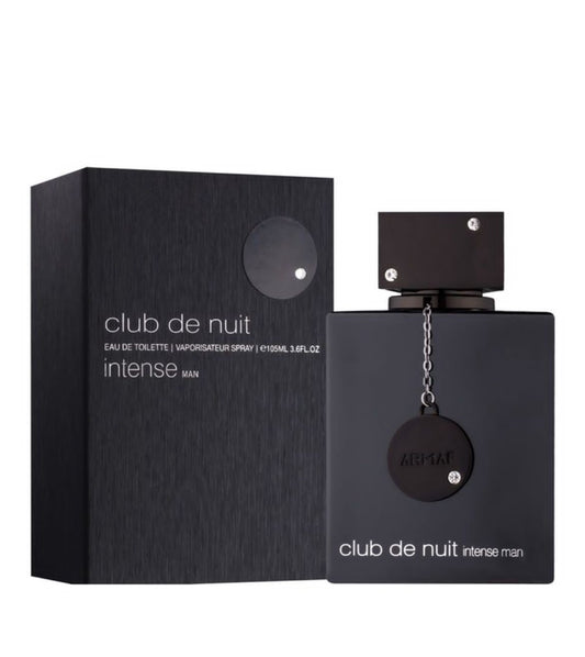 Black perfume bottle and packaging labeled 'club de nuit intense man' on a white background
