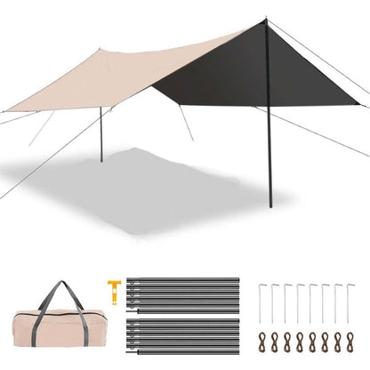 Camping tarp set with carrying bag, stakes, and connectors on a white background