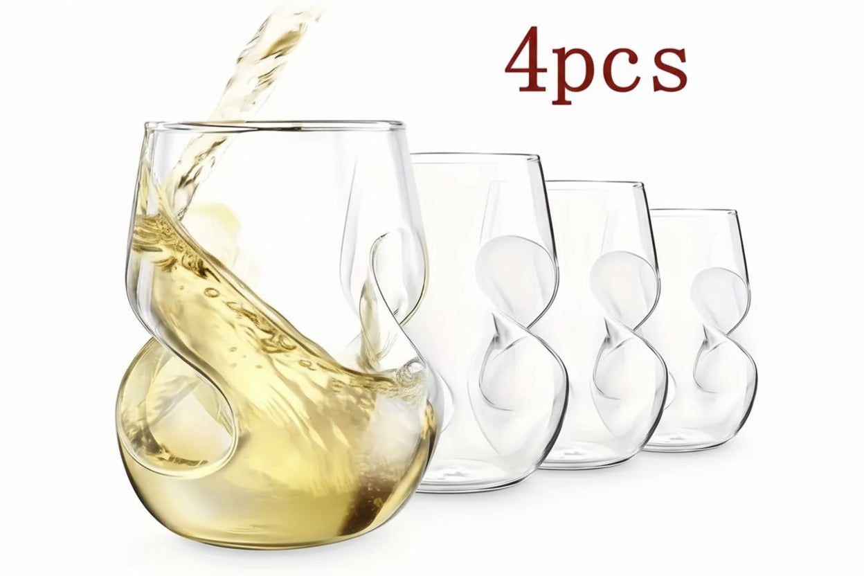 Set of four clear wine glasses with swirling design, one being filled with white wine.