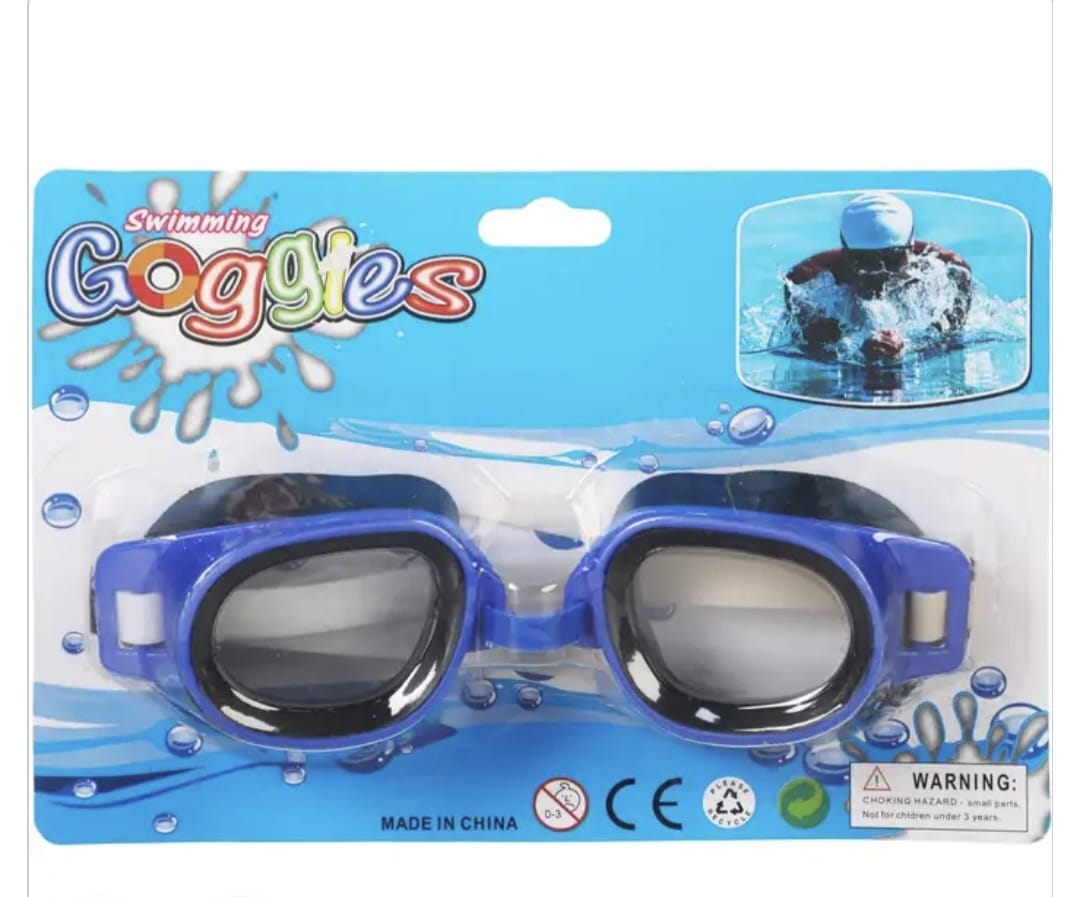 Packaging of swimming goggles with a blue frame and black lenses on a white background.