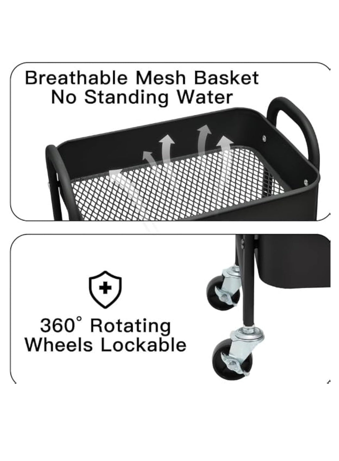 Black mesh basket with wheels on a white background, featuring text about breathable mesh and 360-degree rotation.