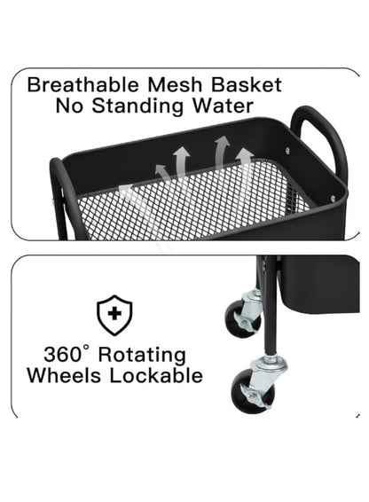 Black mesh basket with wheels on a white background, featuring text about breathable mesh and 360-degree rotation.