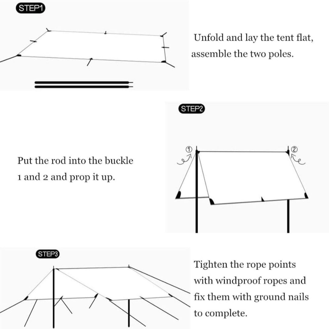 Step-by-step diagram for setting up a tent with text instructions.
