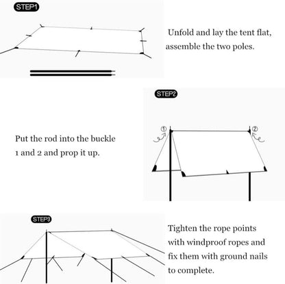 Step-by-step diagram for setting up a tent with text instructions.