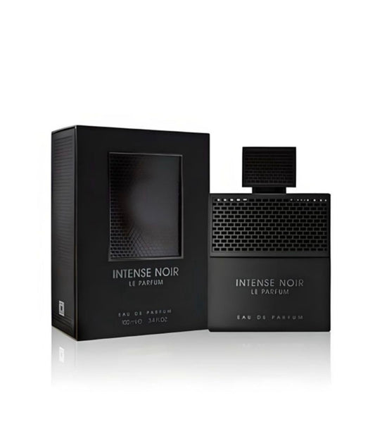 Black 'Intense Noir' perfume bottle and packaging on a white background