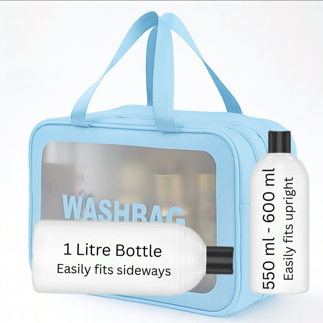 Light blue travel bag with a 1-liter bottle and a 550-600 ml bottle, on a white background.