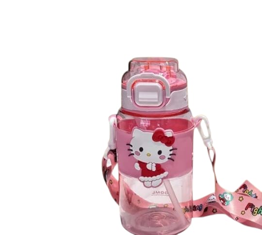 Pink water bottle with Hello Kitty design on a white background