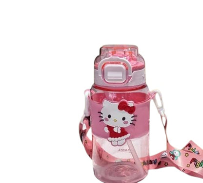 Pink water bottle with Hello Kitty design on a white background