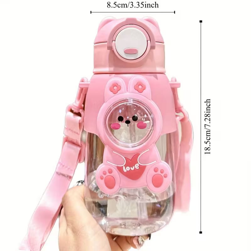 Pink cartoon water bottle with measurements on a white background