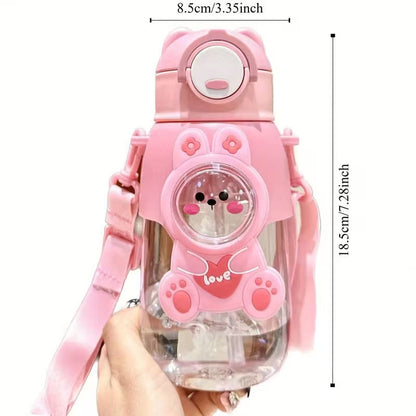Pink cartoon water bottle with measurements on a white background