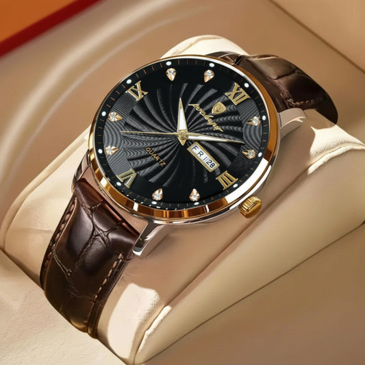 Luxury watch with brown leather strap and black dial on a beige surface, featuring the Poedagar brand.