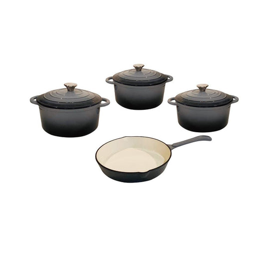 Set of black cookware including three pots and a pan on a white background