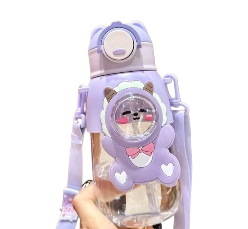 Cute purple water bottle with cartoon design on a white background