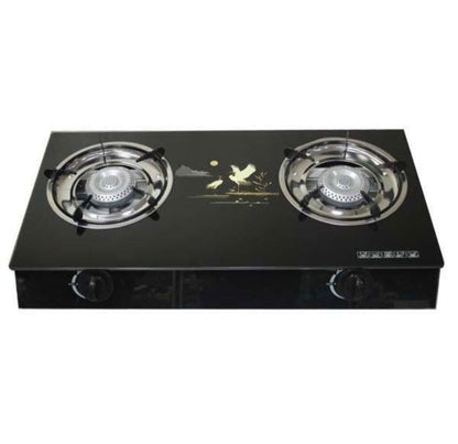 Black glass gas stove with two burners on a white background