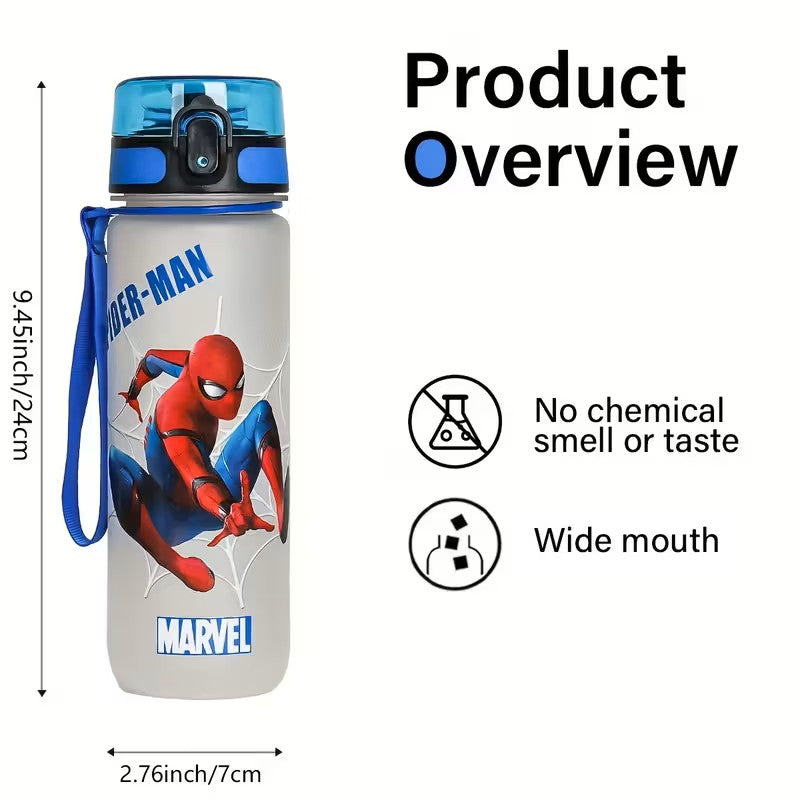 Spider-Man water bottle with blue lid and strap, featuring Marvel logo, on a white background with product details.