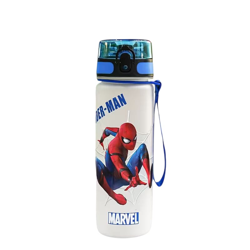 Spider-Man water bottle with blue accents on a white background