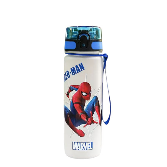 Spider-Man water bottle with blue accents on a white background