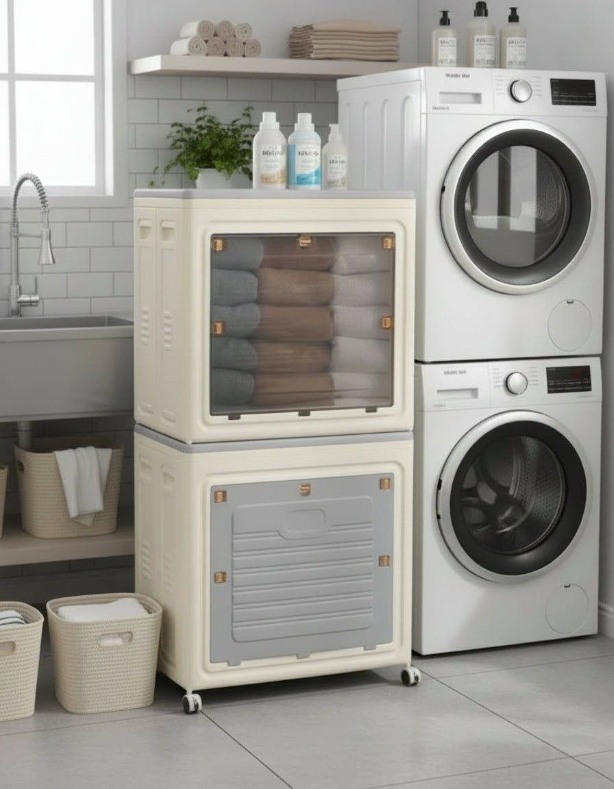 Storage cabinet with transparent door showing folded clothes next to a bed in a bedroom.