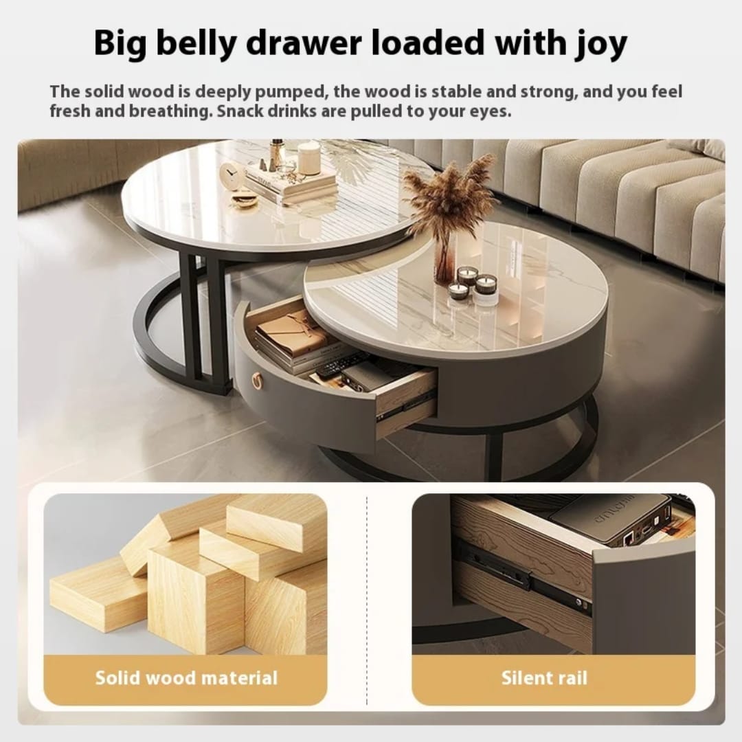 Round coffee table with a drawer in a living room setting, featuring solid wood material and silent rail.