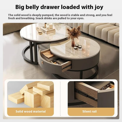 Round coffee table with a drawer in a living room setting, featuring solid wood material and silent rail.