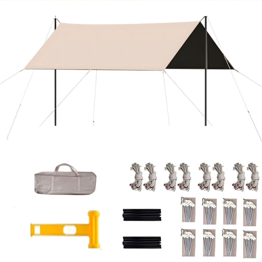 Camping canopy kit with tent, ropes, stakes, and carrying bag on a white background