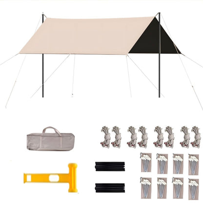 Camping canopy kit with tent, ropes, stakes, and carrying bag on a white background