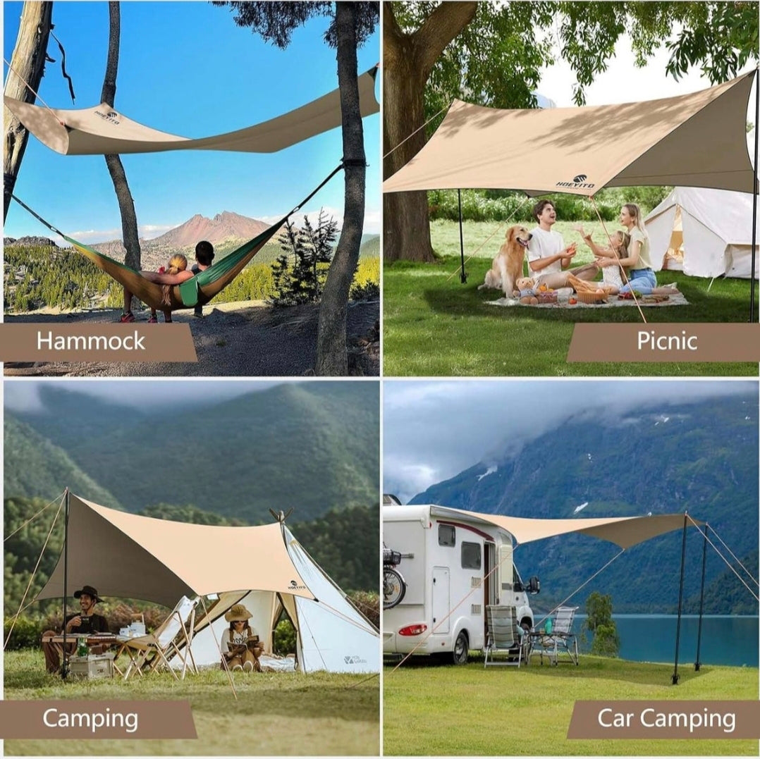 Collage of outdoor activities with a canopy in various settings including hammock, picnic, camping, and car camping.