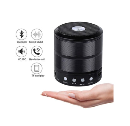 Black Bluetooth speaker held in a hand with feature icons on a white background