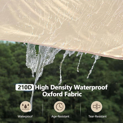 Waterproof fabric with water droplets dripping, featuring text on fabric properties.