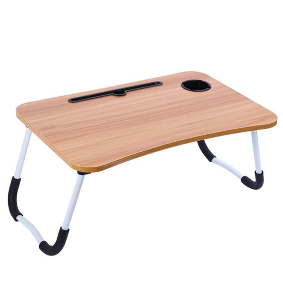 Wooden laptop desk with adjustable legs on a white background